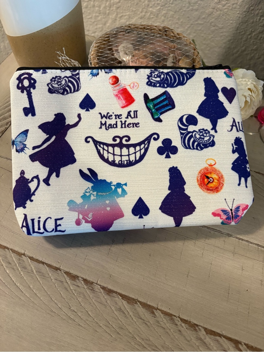 Alice in Wonderland Themed White Cosmetic Pouch New